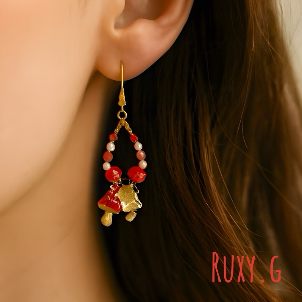 Red and Gold Beaded Mushroom 🍄 Earrings